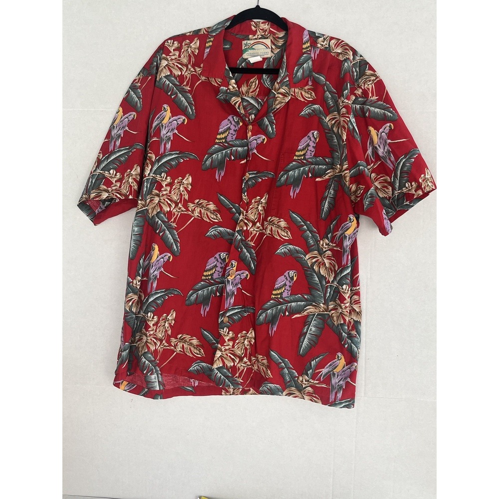Vintage Paradise Found Hawaiian Shirt Men 2XL Red Button Up Magnum PI Parrots
